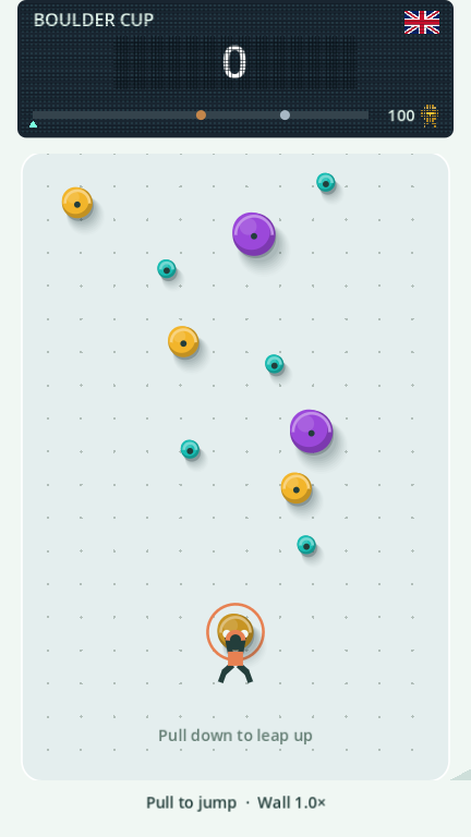 Boulder Cup gameplay: a tiny orange climber reaches for colourful holds on a mint climbing wall beneath a pixel scoreboard.